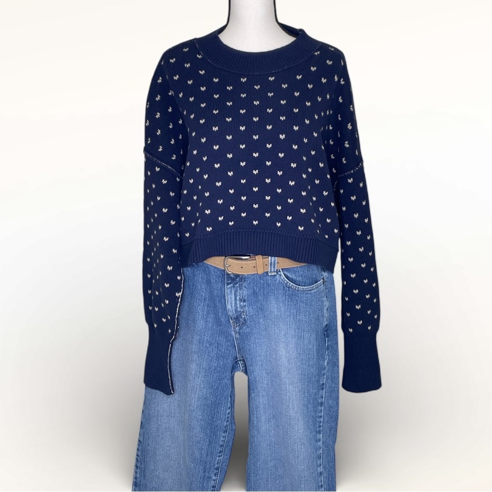 Free People Pattern Easy Street Cropped Navy Blue Cream Long Sleeved Sweater